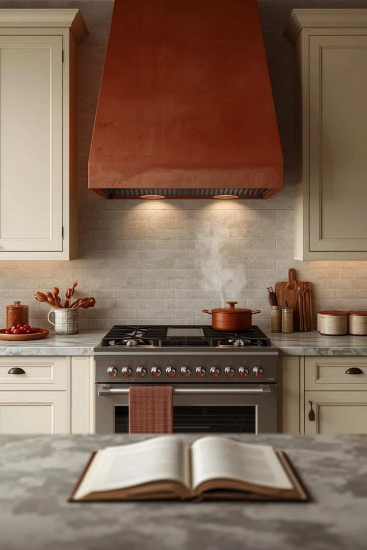 14. Try a Rust Range Hood with Cream Surrounding Cabinets