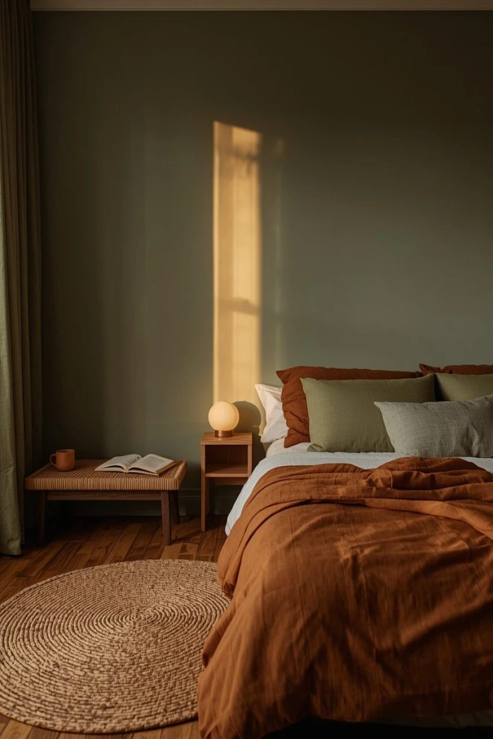 2. Use Green Walls with Brown Bedding for a Restful Base