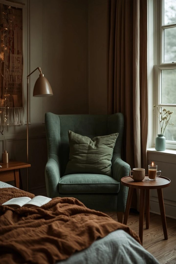 8. Style a Green Reading Corner with Brown Accents