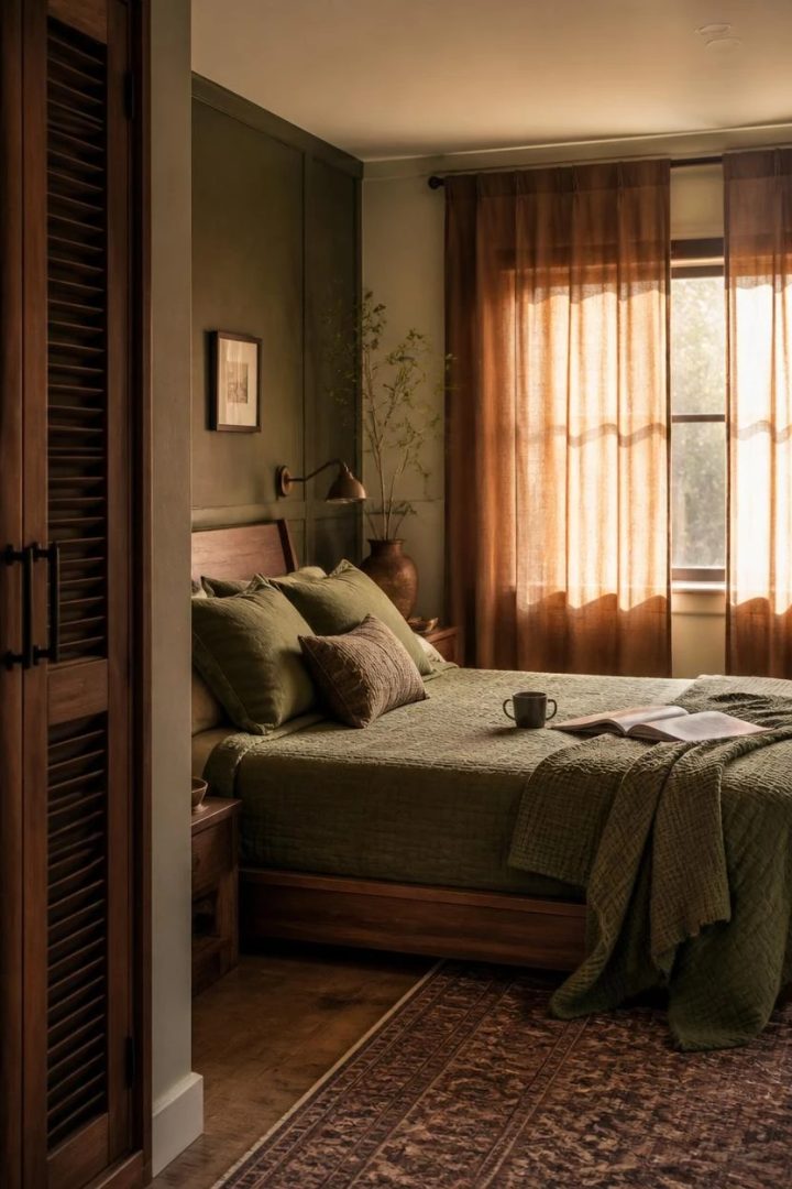 14. Try an Olive Green Quilt with Brown Curtains
