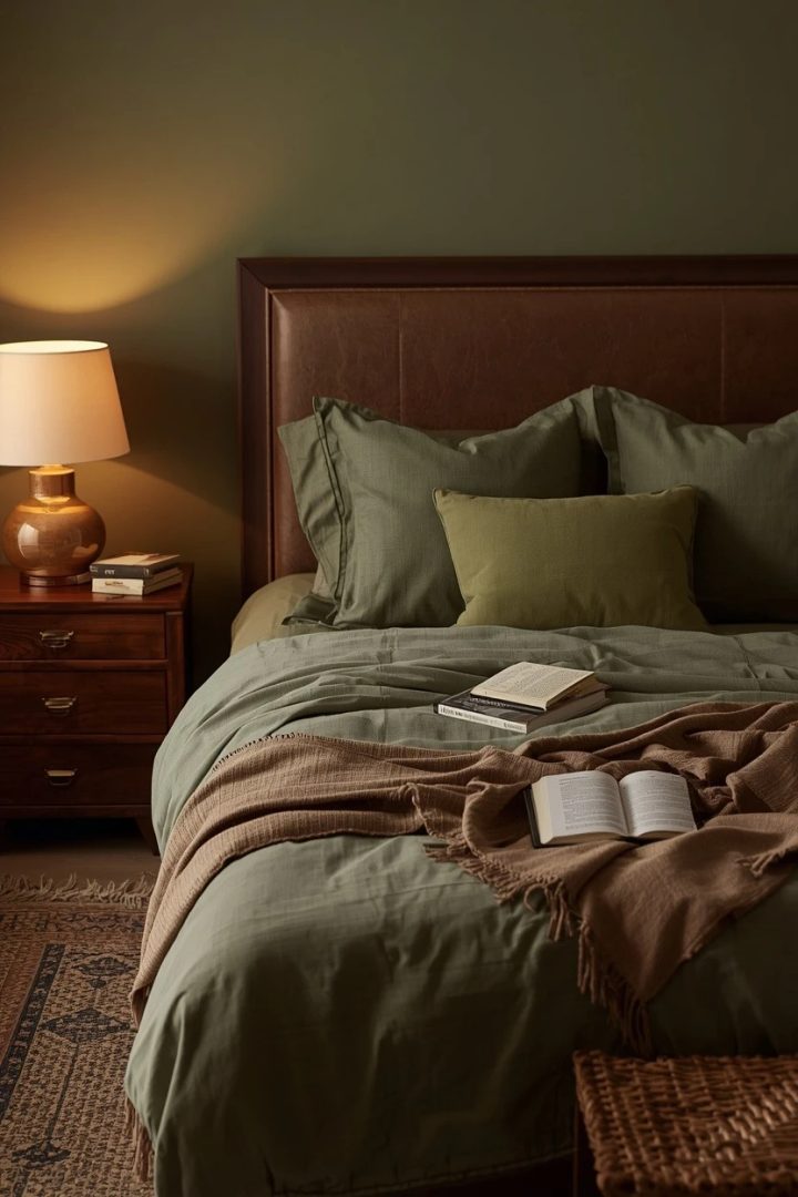 13. Add Brown Nightstands to Balance Green Bedding