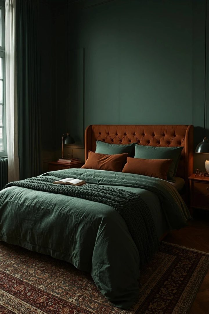11. Make the Bed the Main Feature with Green and Brown Contrast