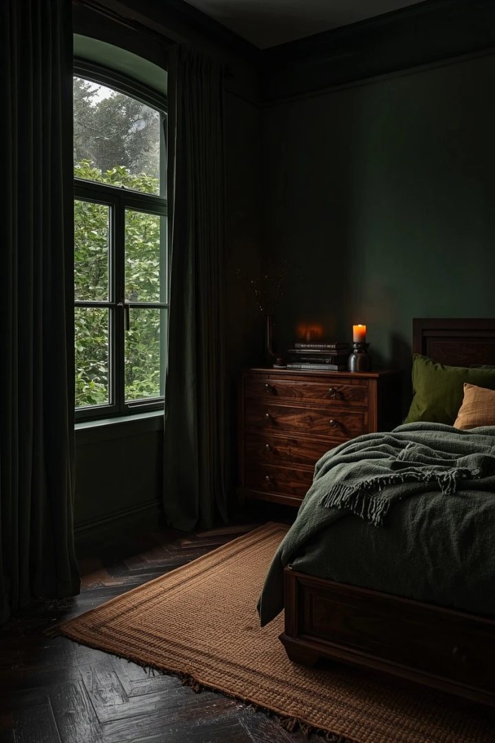 5. Try Dark Green Curtains with Brown Furniture