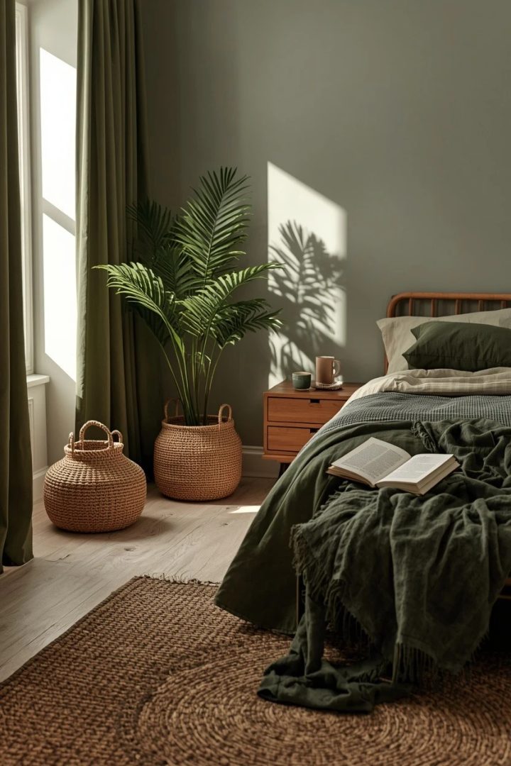 18. Add Brown Woven Texture to a Green Bedroom