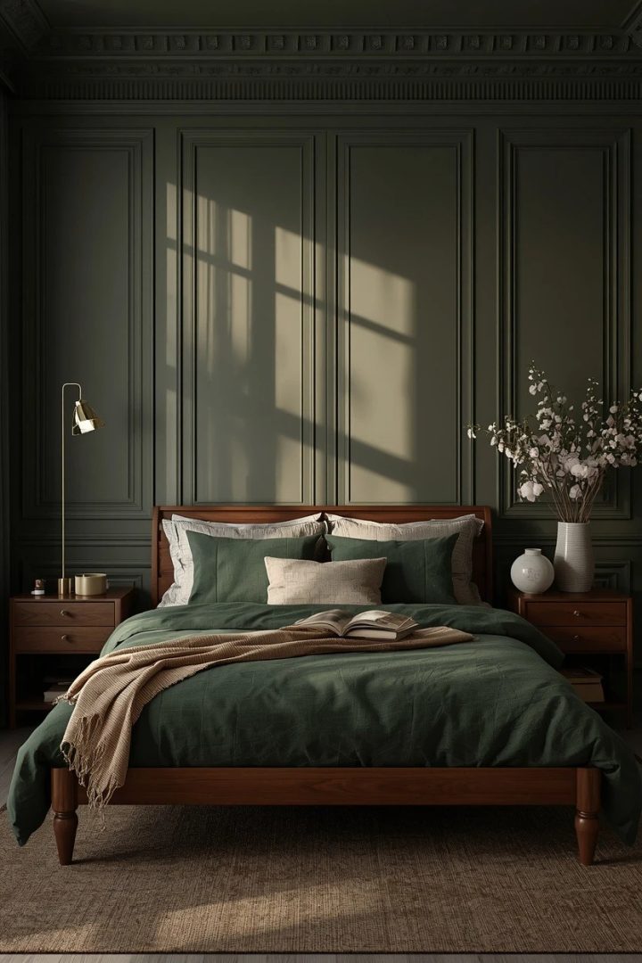 19. Use Green Paneling with Brown Bedroom Decor