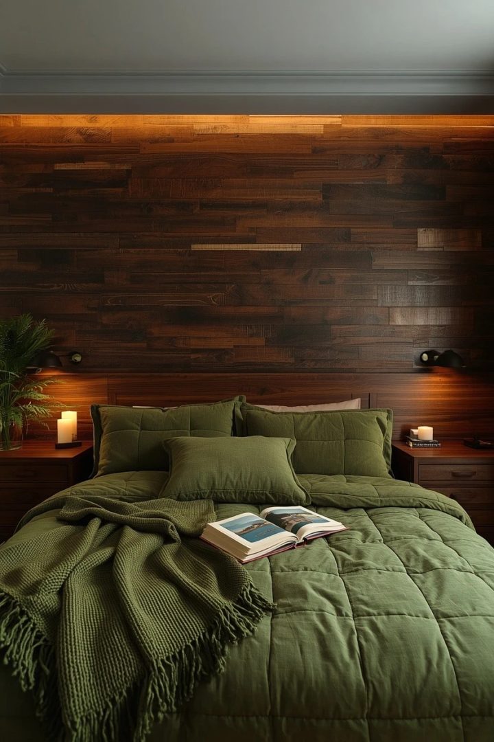 7. Use a Brown Wood Accent Wall Behind Green Bedding