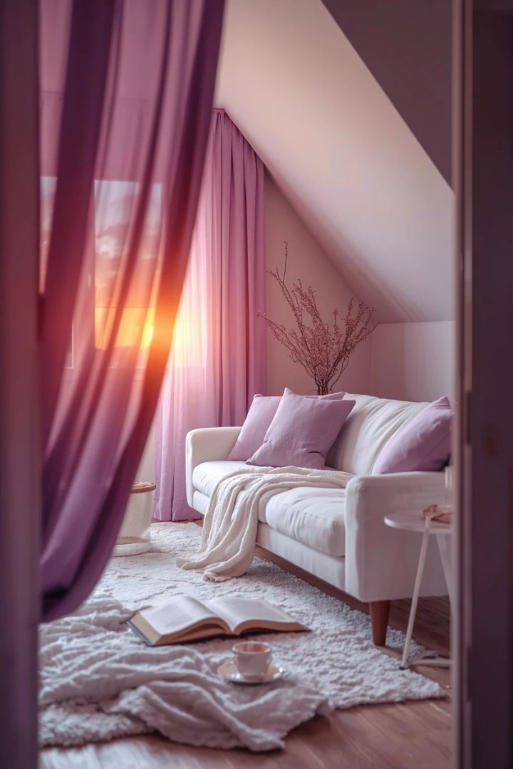 6. Use Lilac Curtains to Frame a White Sofa