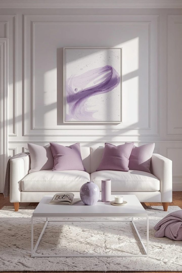 4. Try Lilac Wall Art Above a White Sofa