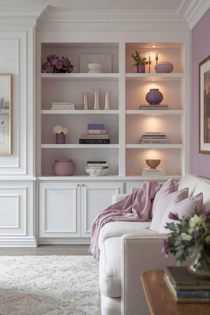 10. Use White Built-Ins with Lilac Sofa Decor