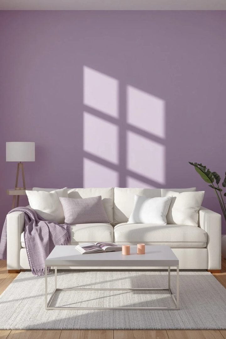 13. Try a Lilac Accent Wall Behind a White Sofa