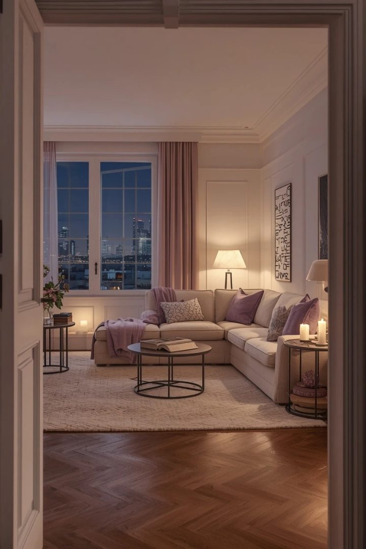 9. Pair a White Sectional with Lilac Accent Lighting