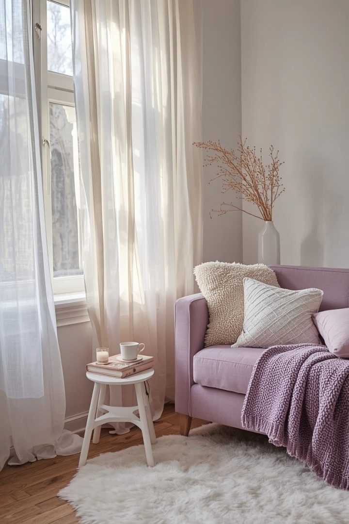14. Add White Sheer Curtains for a Dreamy Lilac Sofa Look