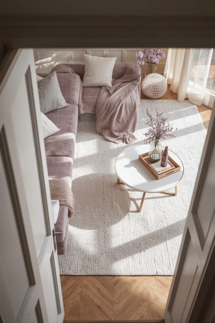 5. Add a White Rug Under a Lilac Sofa