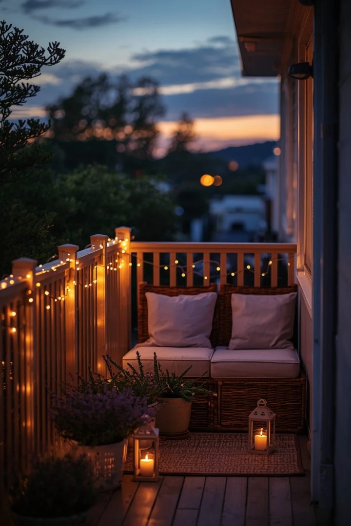 6. Warm Fairy Lights Woven Along the Railing