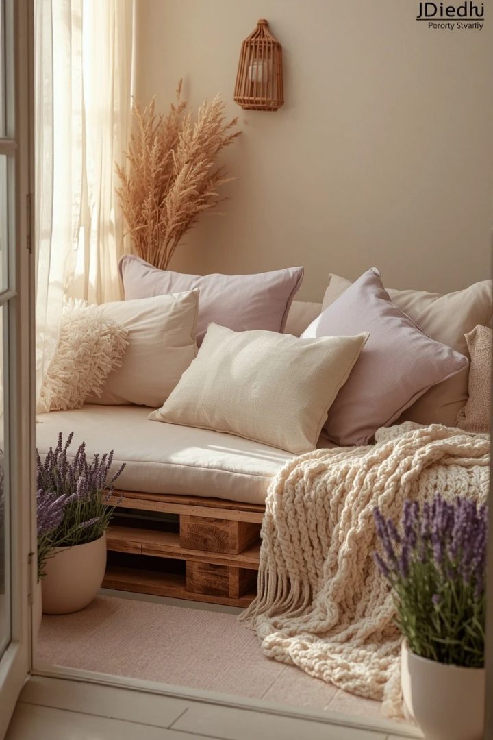 14. A Pallet Sofa Dressed in Lavender Cushions