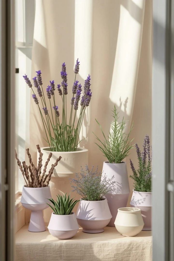 20. A Collection of Lavender and Cream Ceramic Pots