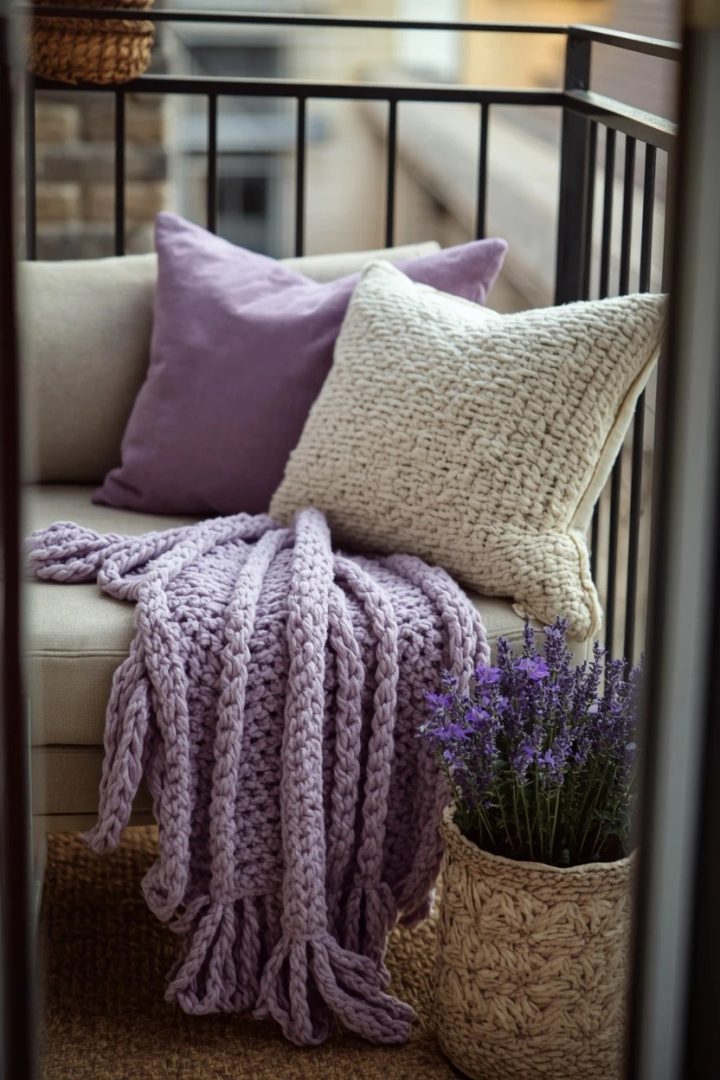 9. Cozy Lavender Throw Blankets and Knit Pillows