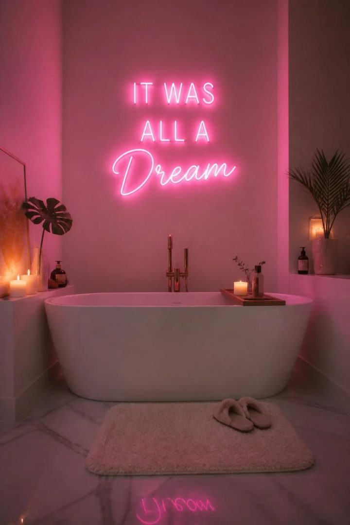 16. A Pink Neon Sign Above the Bathtub