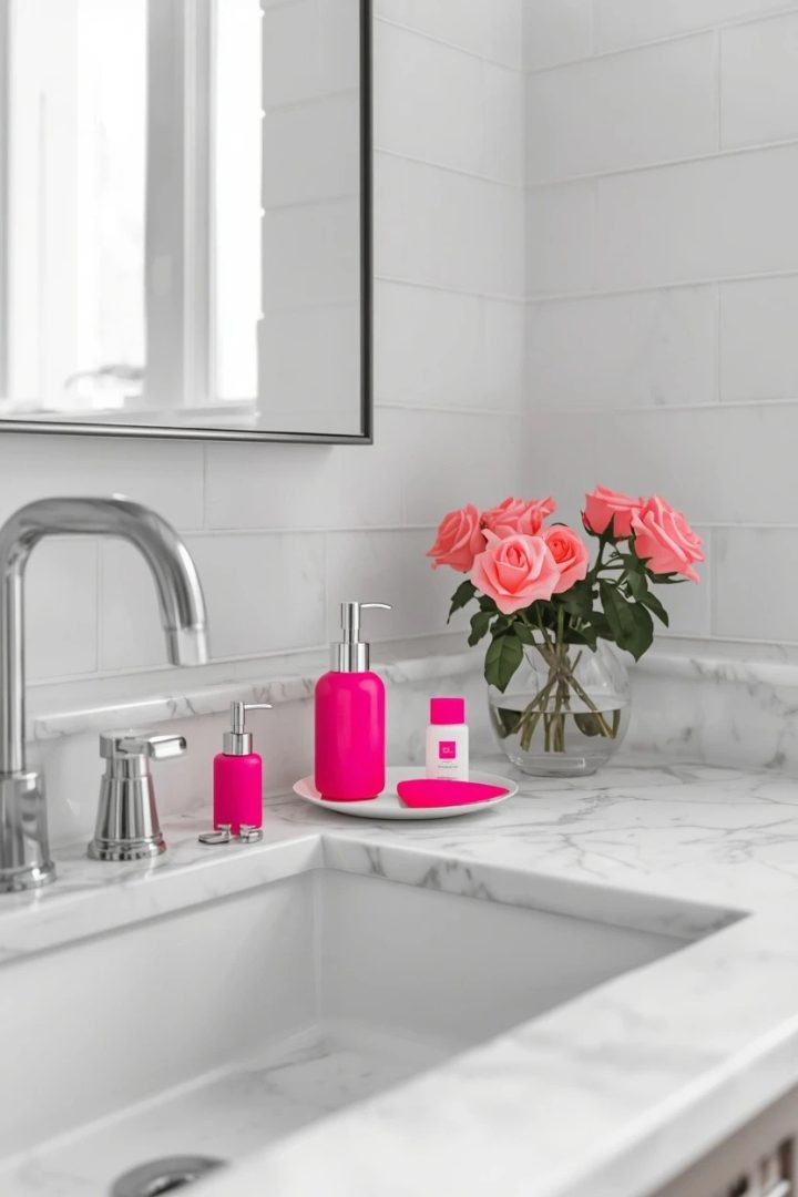 7. A White Marble Countertop With Pink Accessories