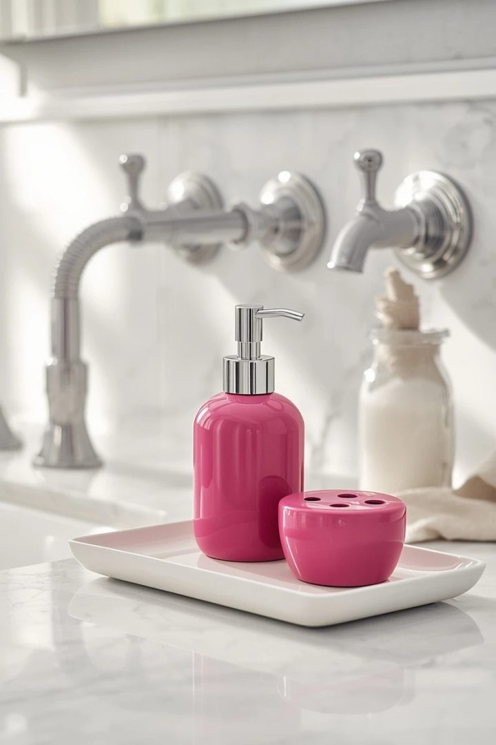 9. Matching Hot Pink Soap Dispensers and Trays