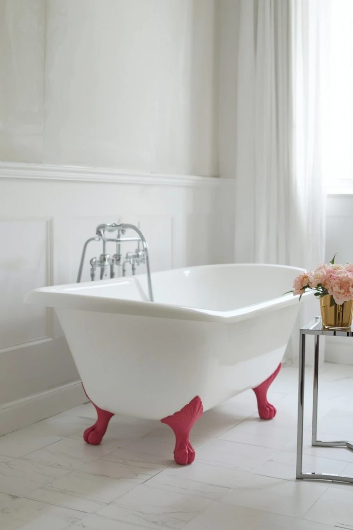 21. A White Clawfoot Tub With Pink Painted Feet