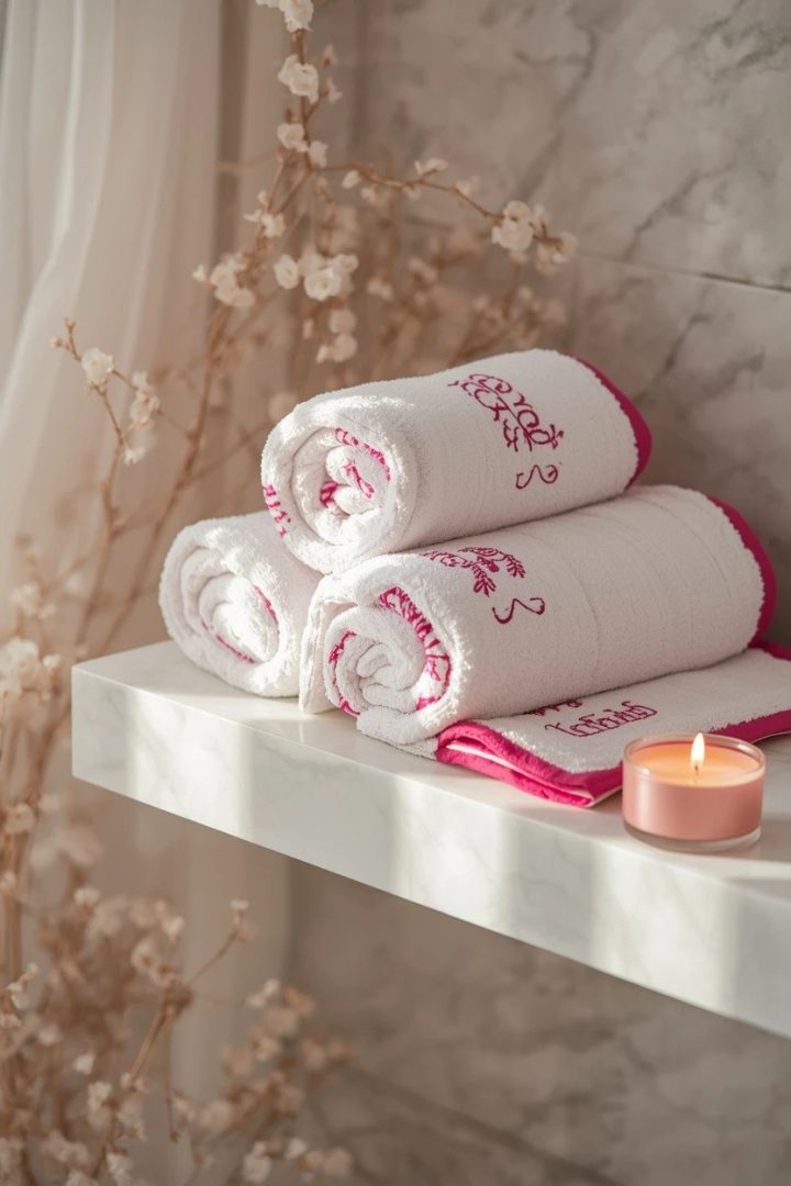 5. Plush White Towels With Hot Pink Trim