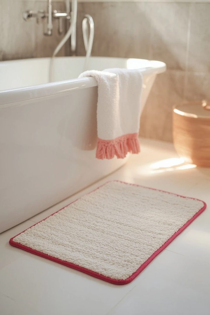 15. A White Fluffy Bath Mat With Pink Stitching