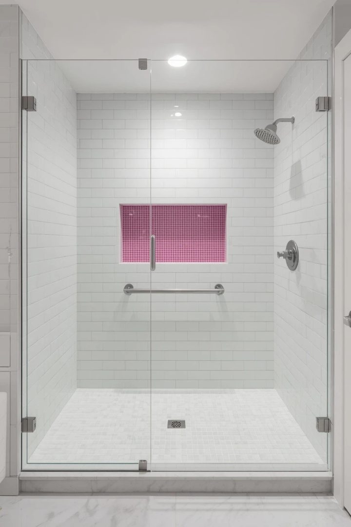19. A Glass Shower With Pink-Tinted Accents