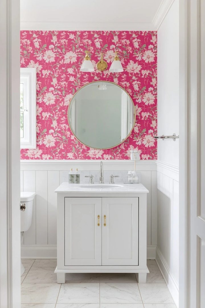 6. Hot Pink Floral Wallpaper on One Wall
