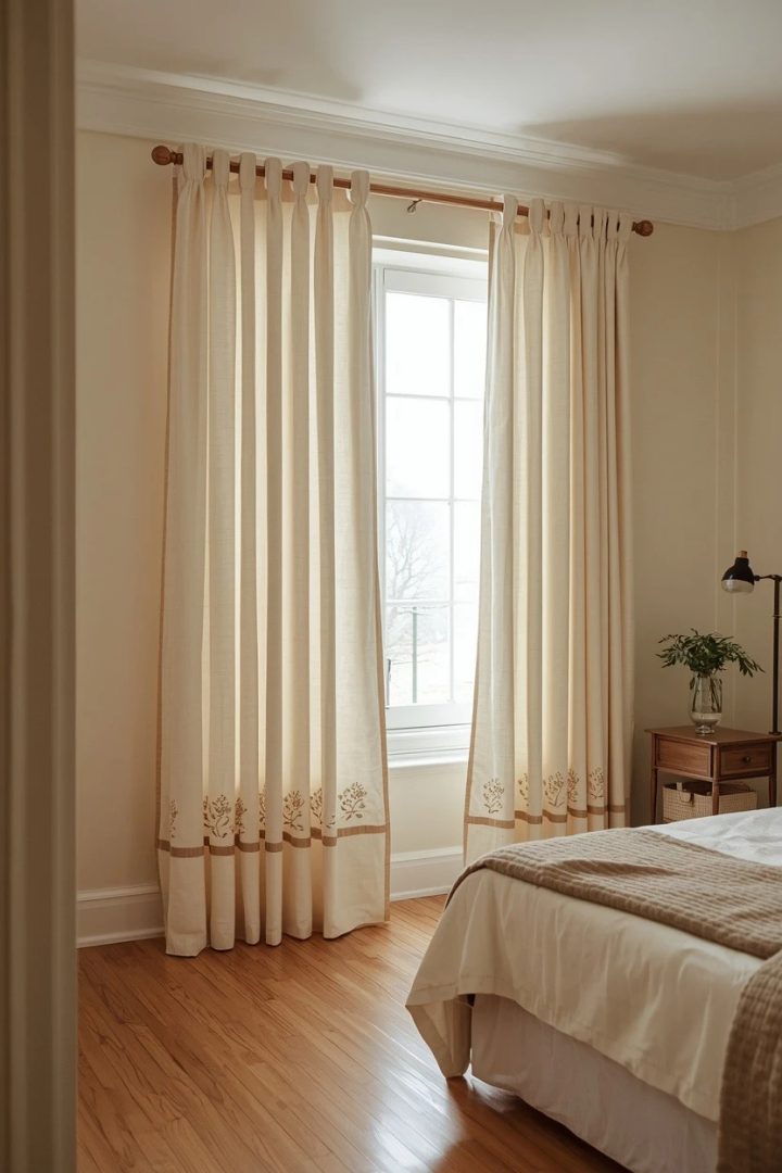 10. Cream Tab-Top Curtains With Taupe Embroidered Edge