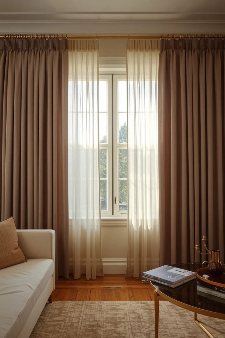 11. Double-Rod Styling With Taupe Outer and Cream Sheer Inner