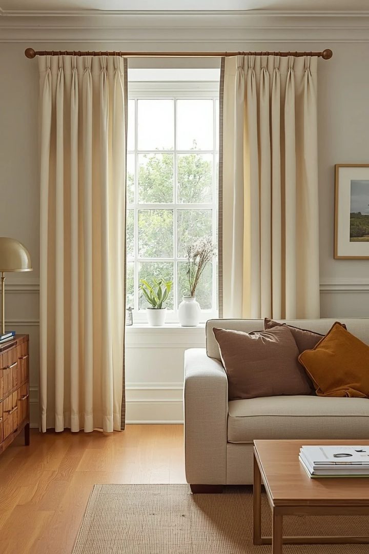 6. Pinch-Pleat Cream Curtains With Taupe Leading Edge