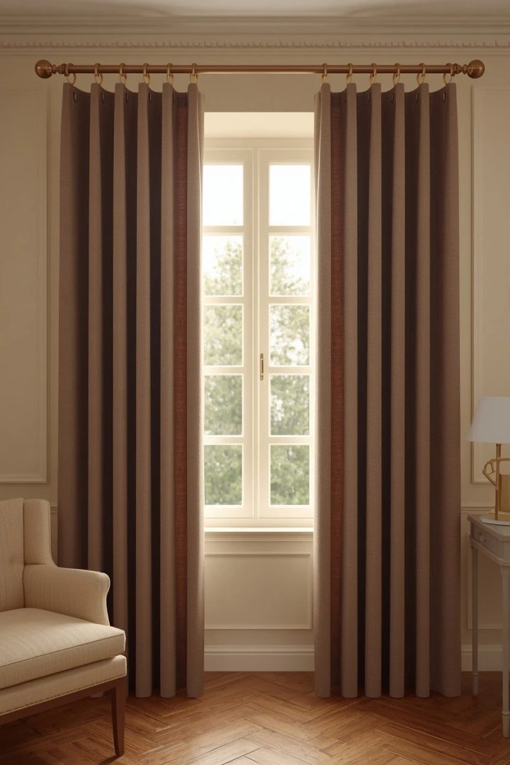 7. Mushroom Taupe Curtains With a Brass Curtain Rod