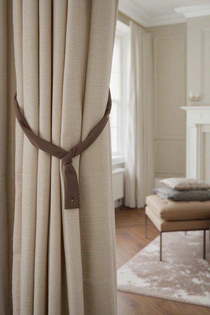 8. Textured Cream Linen Drapes With Taupe Tiebacks