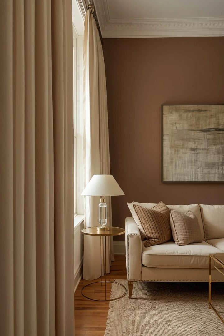 19. Cream Curtains Framing a Mushroom Taupe Accent Wall