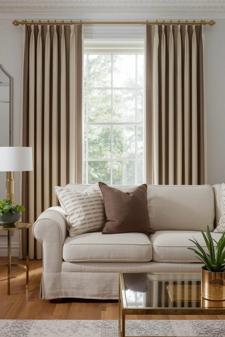 17. Mushroom Taupe and Cream Striped Curtains