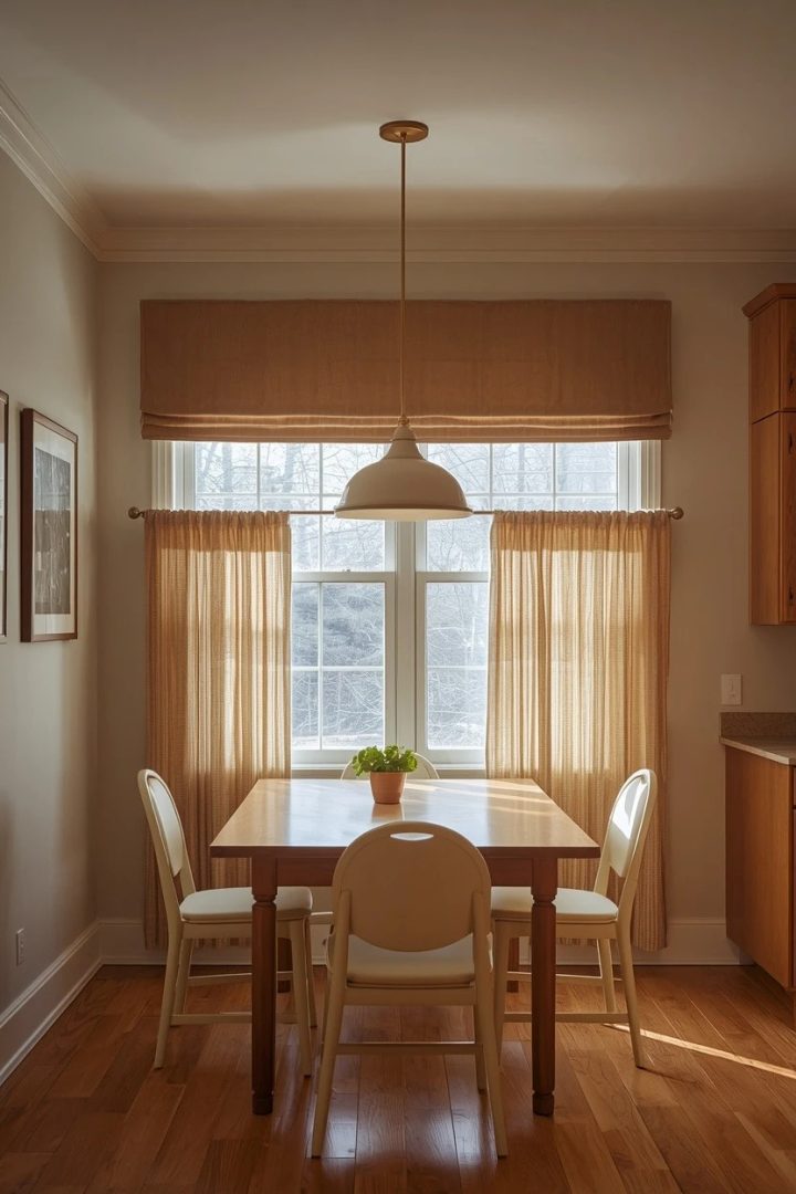 16. Cafe-Length Cream Curtains With a Taupe Valance