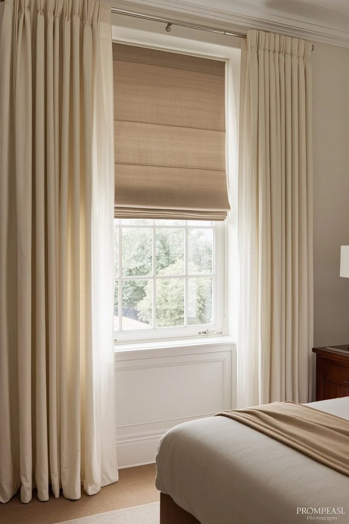 12. Mushroom Taupe Roman Blinds With Cream Sheer Curtains