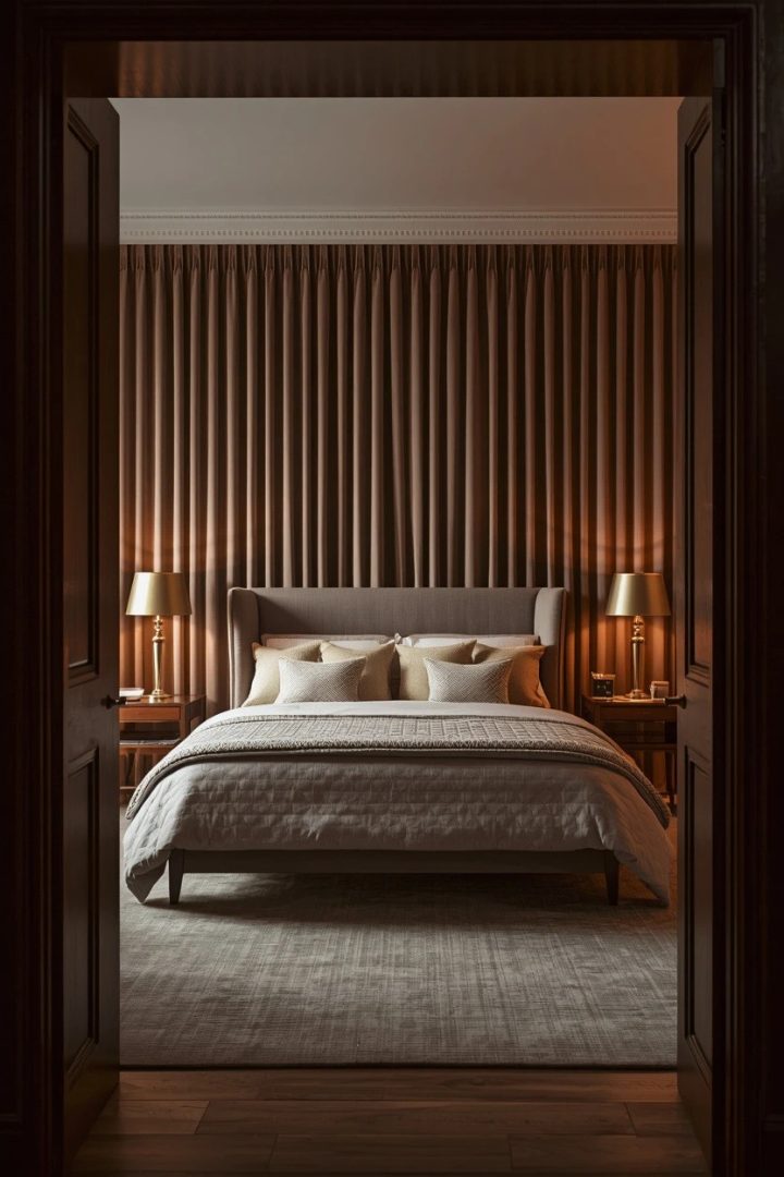 18. Full-Wall Taupe Curtain Panel Behind the Bed