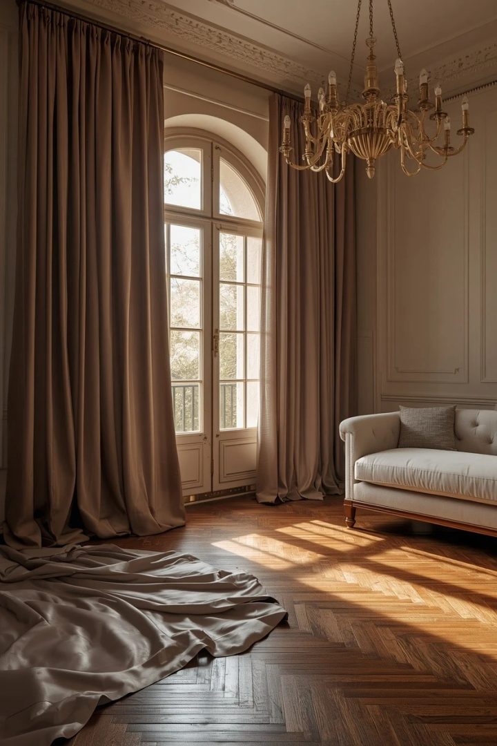 9. Floor-Puddle Mushroom Taupe Silk Curtains
