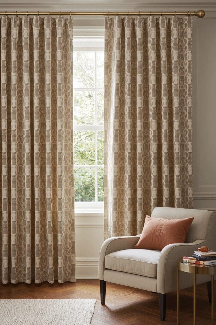 14. Cream Curtains With Mushroom Taupe Geometric Print