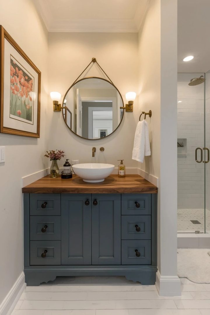 1. Moody Blue Painted Single Vanity With a Walnut Top