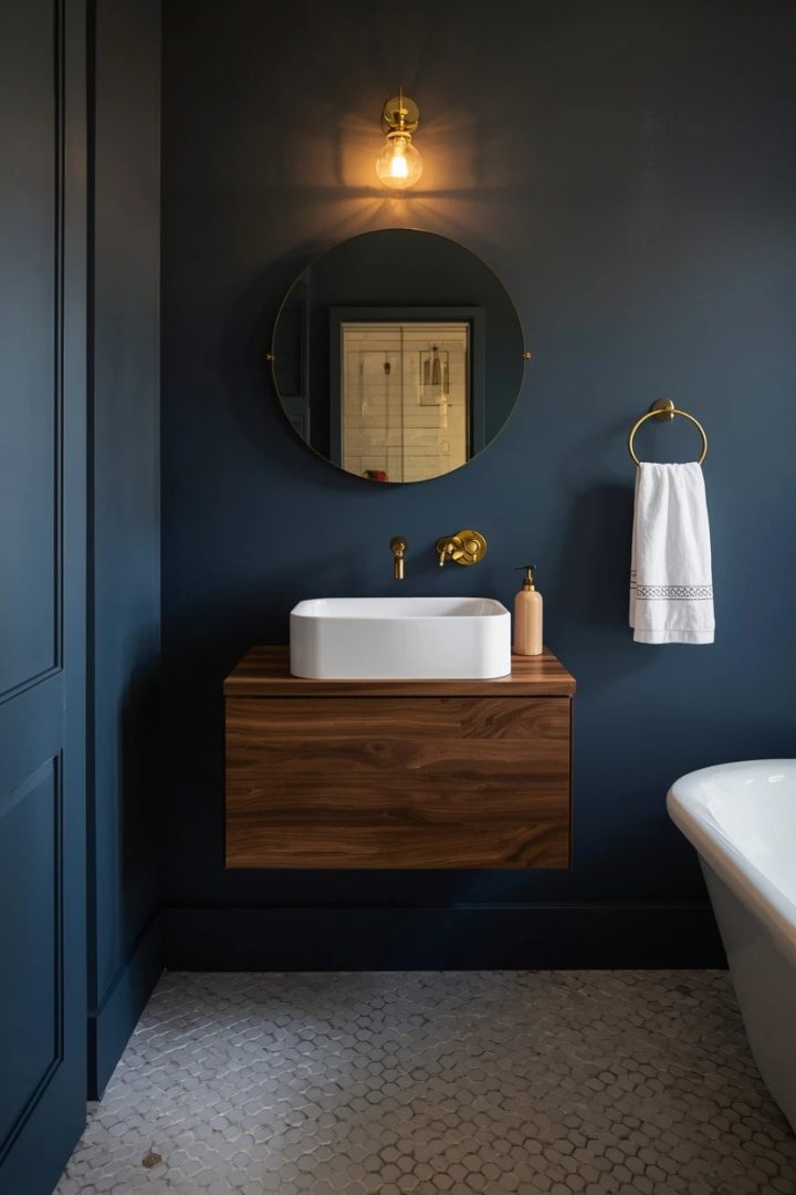 2. Walnut Floating Vanity Against Moody Blue Walls
