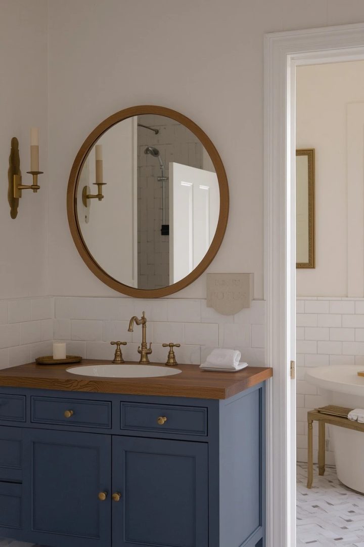 4. Walnut-Framed Mirror Over a Moody Blue Vanity
