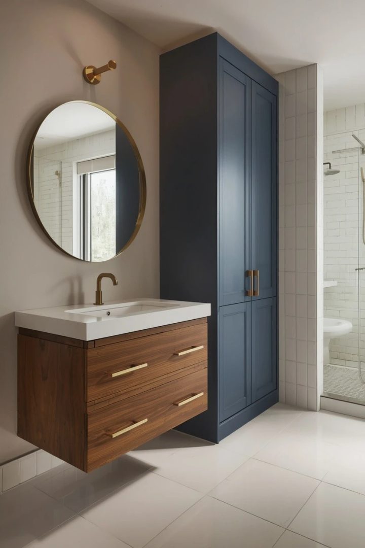 10. Walnut Wall-Mounted Vanity With Blue Cabinet Tower