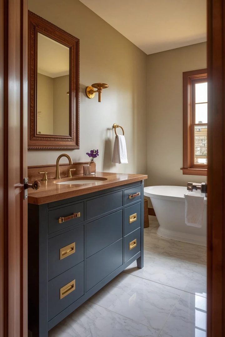 9. Moody Blue Vanity With Walnut and Brass Hardware