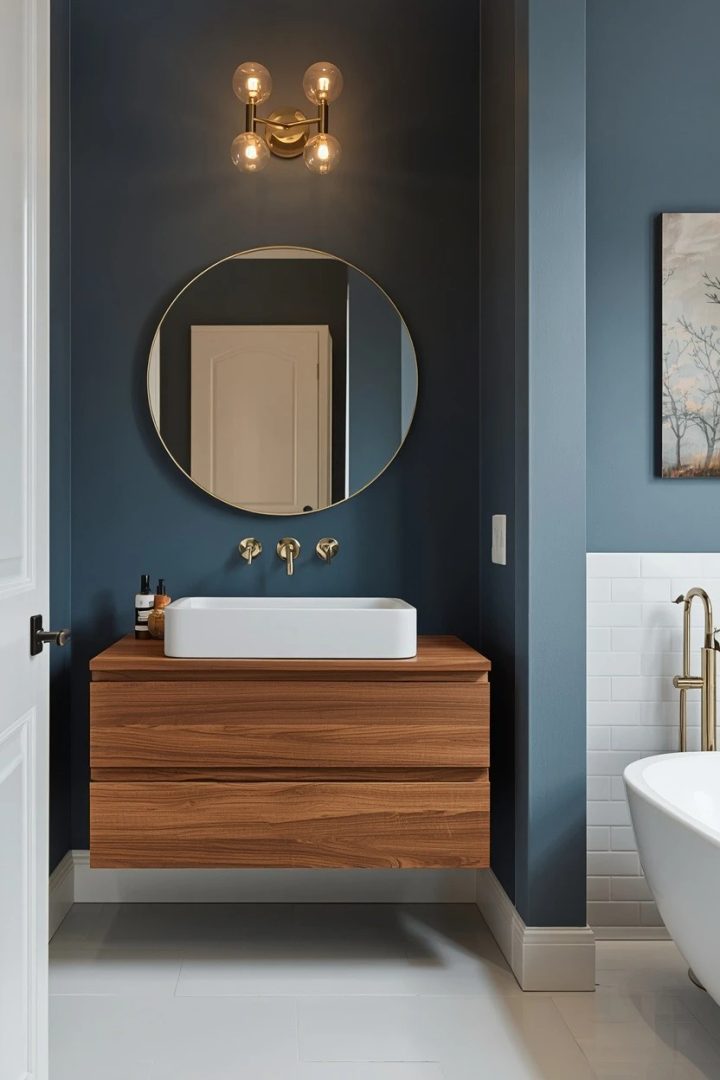 12. Walnut Vanity Unit With a Moody Blue Feature Wall
