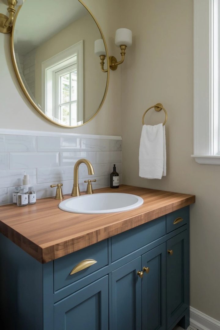 14. Walnut Butcher Block Vanity Top on a Blue Shaker Base