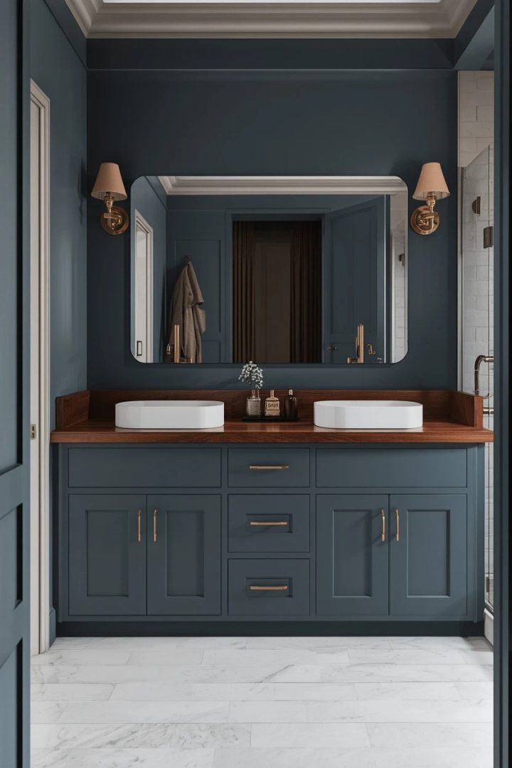 7. Moody Blue Built-In Vanity With Walnut Countertop