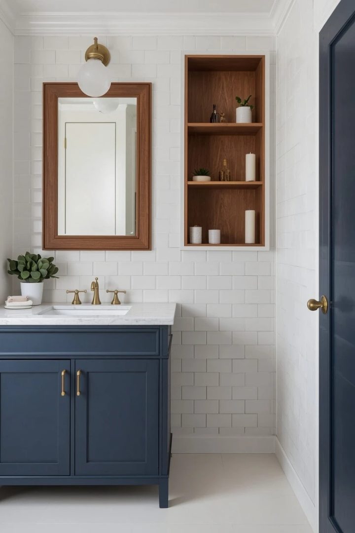 15. Moody Blue Vanity With Walnut Medicine Cabinet